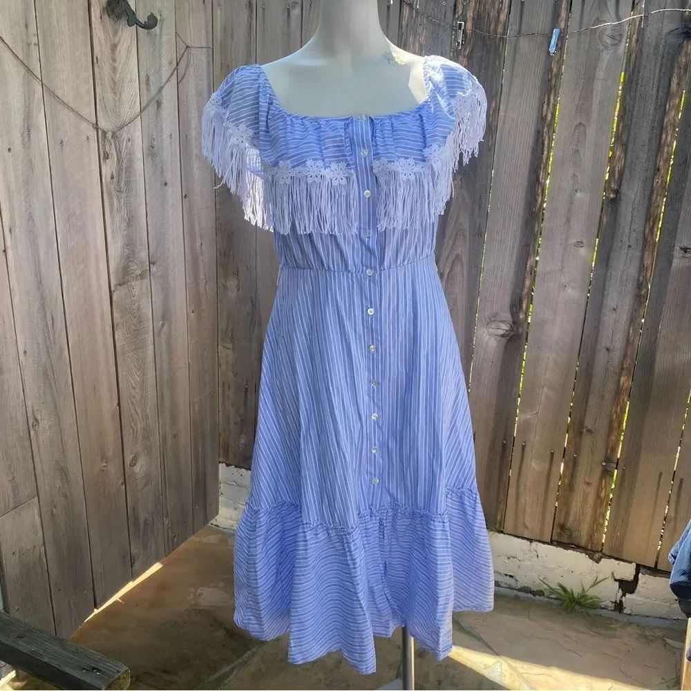 Uterque striped midi dress with lace and fringe design